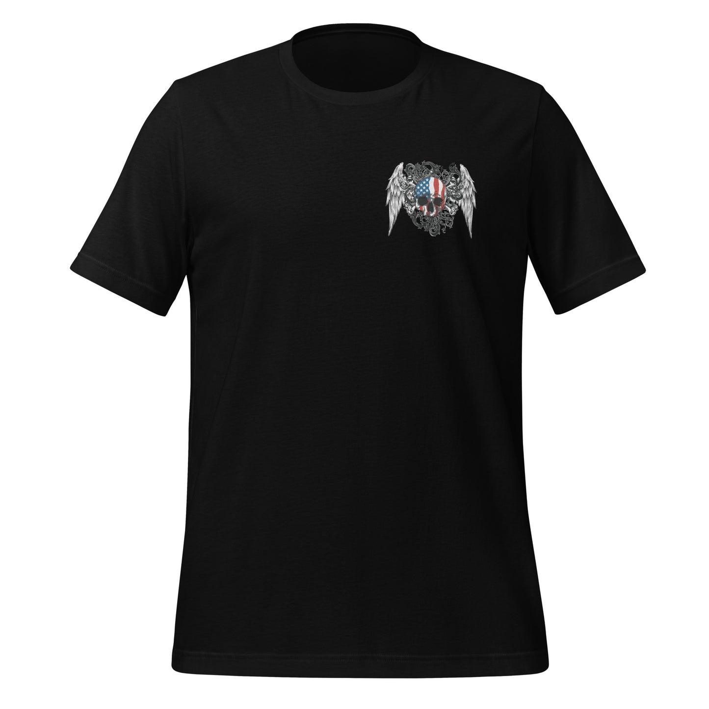 Black t-shirt that reads Land of the Free Home of the Brave with the American flag and a skull with angel wings created by apparel shop Midnight Gypsy Designs.