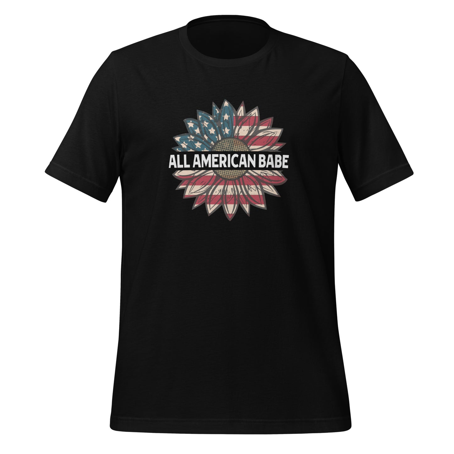 Black All American Babe patriotic t-shirt with an American flag sunflower created by USA patriotic apparel shop Midnight Gypsy Designs.