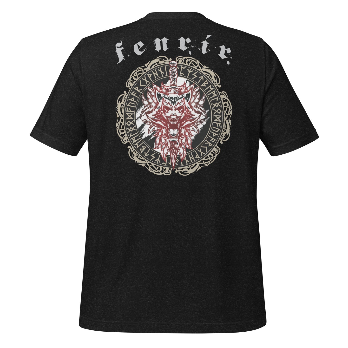 Black heather t-shirt that says Fenrir with a wolf, sword, and the vegvisir amulet with Futhark runes created by Viking apparel shop Midnight Gypsy Designs.