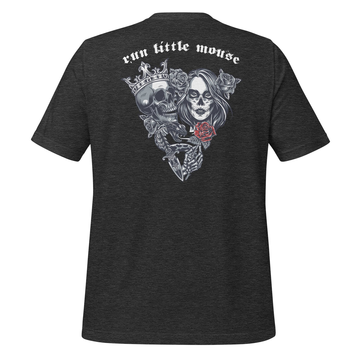 Dark grey heather t-shirt that reads Run Little Mouse with a skull and day of the dead woman holding a red rose from Haunting Adeline book created by bookish shop Midnight Gypsy Designs.
