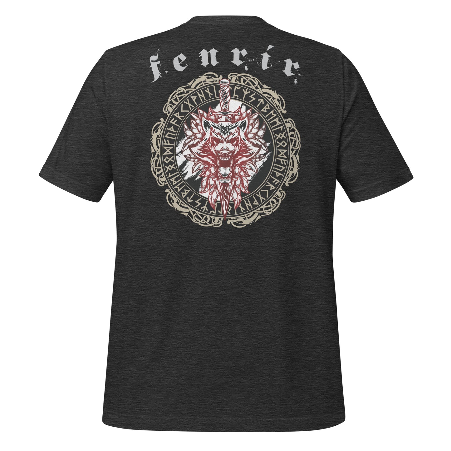 Dark grey heather t-shirt that says Fenrir with a wolf, sword, and the vegvisir amulet with Futhark runes created by Viking apparel shop Midnight Gypsy Designs.