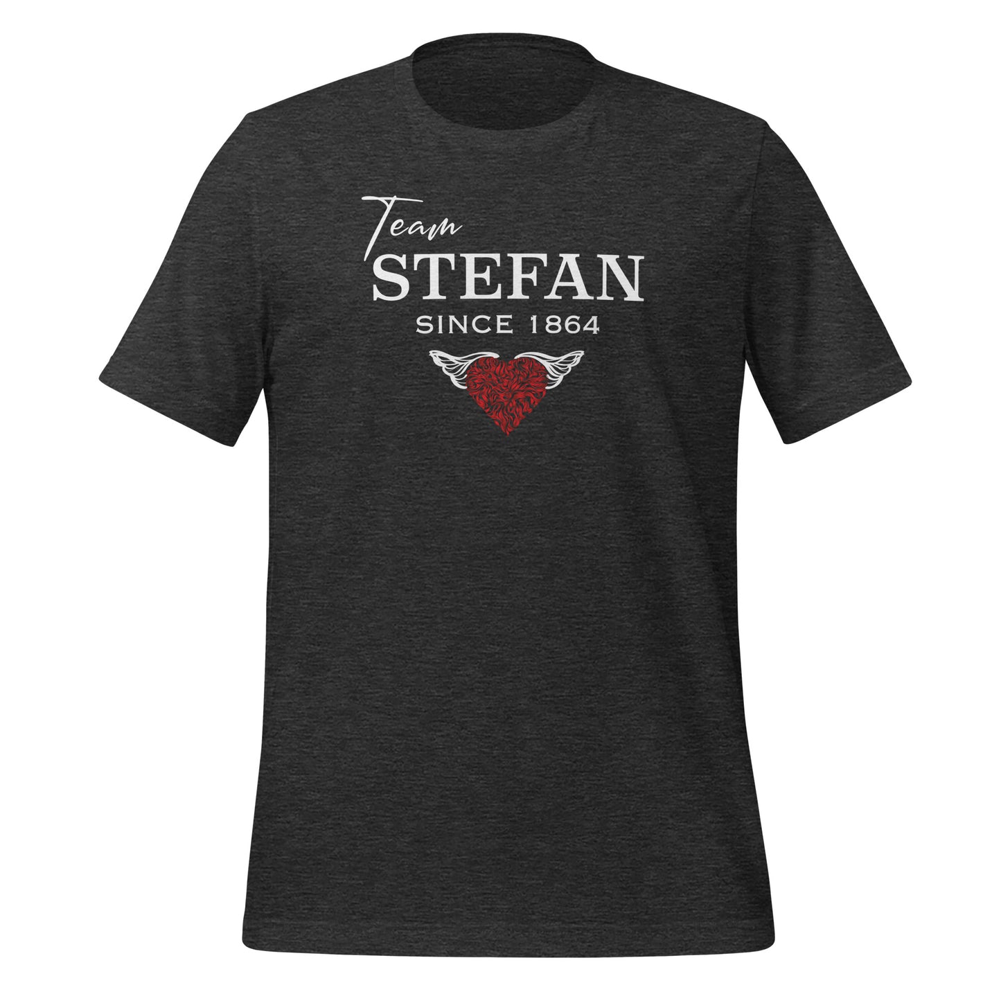 Dark grey heather t-shirt from The Vampire Diaries that reads Team Stefan Since 1864 with a red heart created by bookish shop Midnight Gypsy Designs.