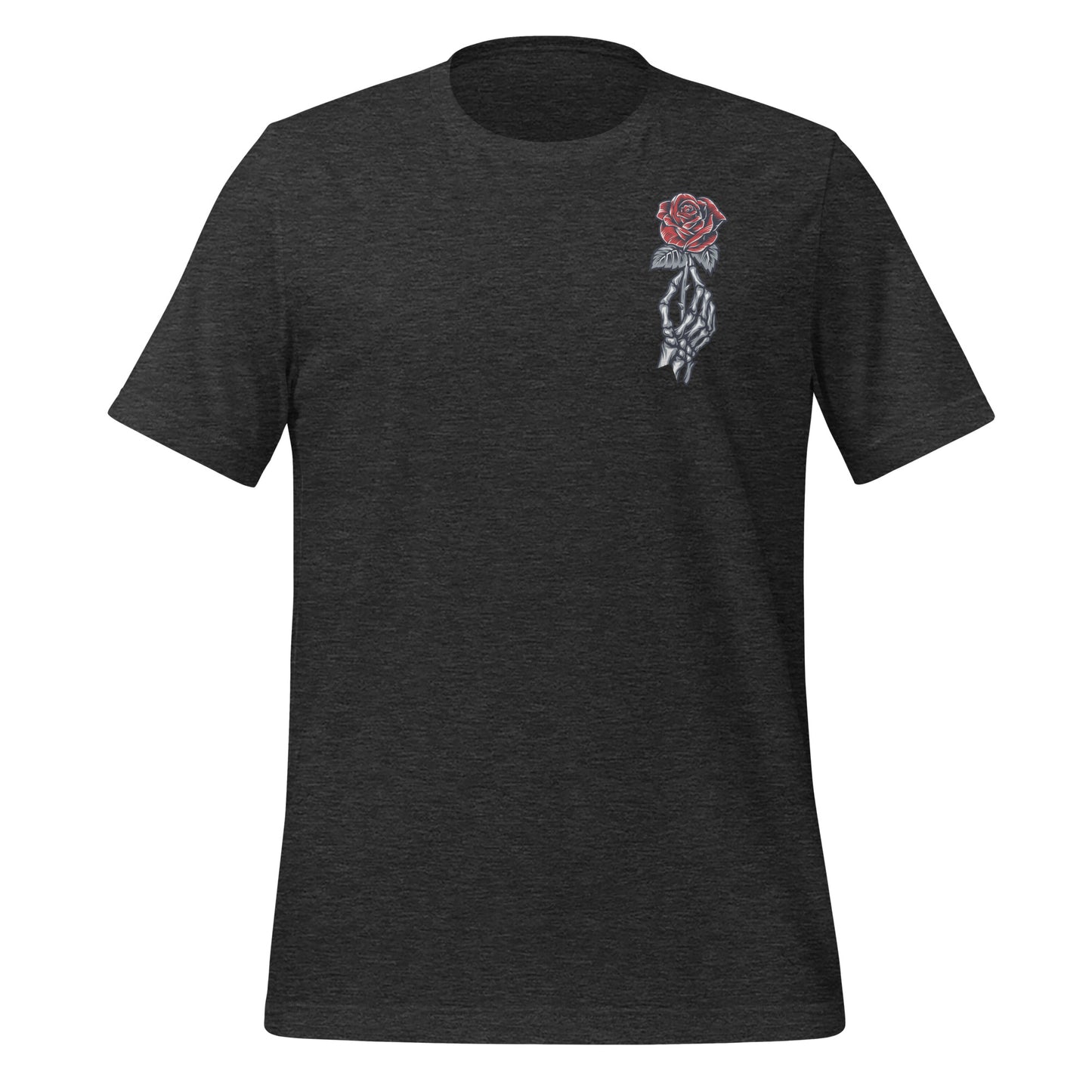 Dark grey heather t-shirt that reads Run Little Mouse with a skull and day of the dead woman holding a red rose from Haunting Adeline book created by bookish shop Midnight Gypsy Designs.
