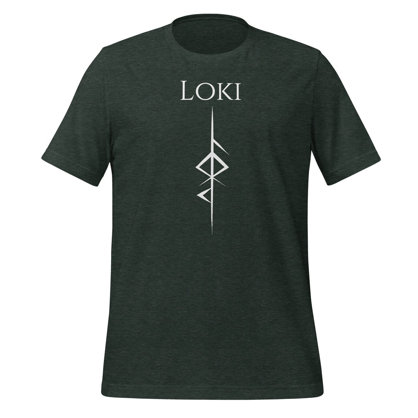 Heather forest t-shirt that reads Loki with the Loki Futhark rune symbol for Loki God of Mischief created by Norse Viking apparel shop Midnight Gypsy Designs.