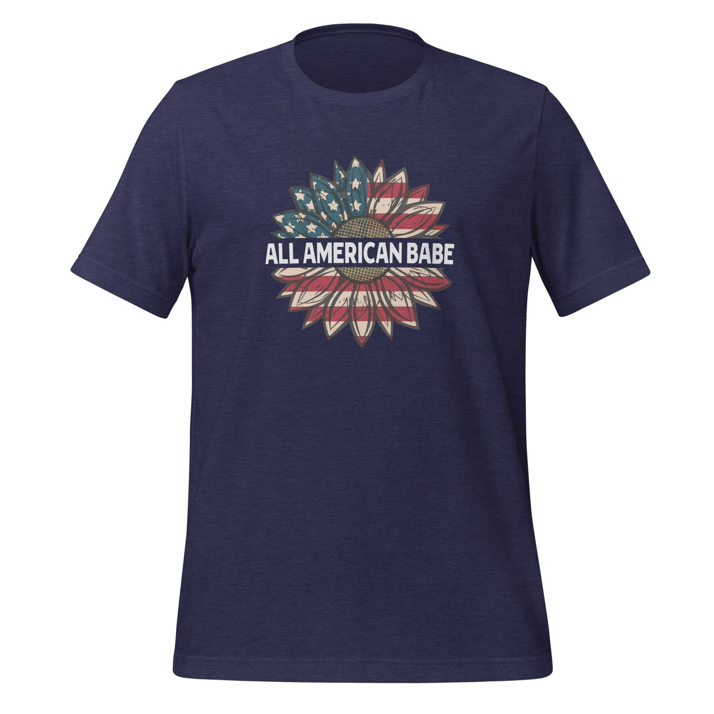 Navy blue All American Babe patriotic t-shirt with an American flag sunflower created by USA patriotic apparel shop Midnight Gypsy Designs.
