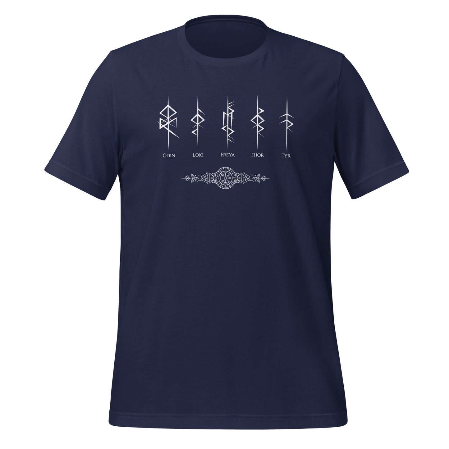 Navy t-shirt that reads Odin, Loki, Freya, Thor, and Tyr with Futhark rune symbols and vegvisir viking compass created by Norse Viking apparel shop Midnight Gypsy Designs.