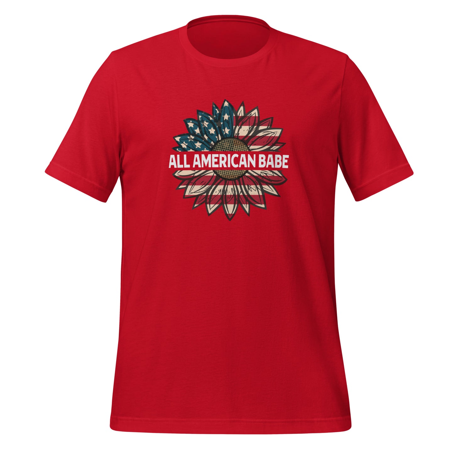 Red All American Babe patriotic t-shirt with an American flag sunflower created by USA patriotic apparel shop Midnight Gypsy Designs.