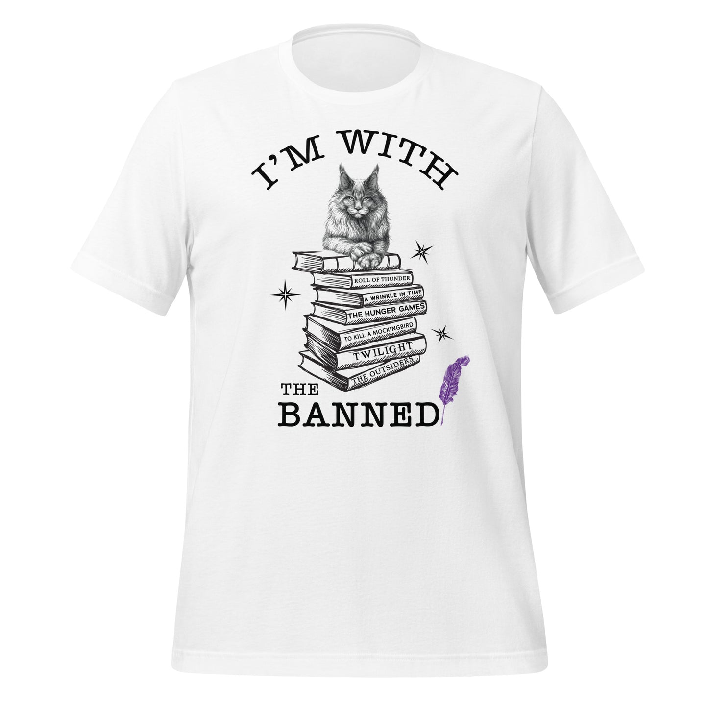 White t-shirt that reads I'm With the Banned and has a cat sitting on top of a stack of banned books with a purple feather created by Midnight Gypsy Designs.