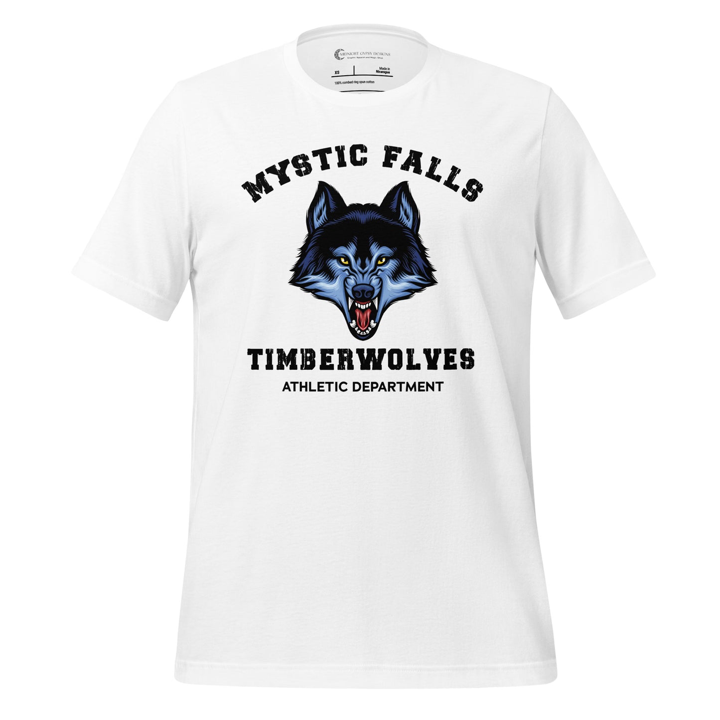 White Mystic Falls Timberwolves shirt with a blue werewolf showing its fangs created by graphic apparel company Midnight Gypsy Designs as part their The Vampire Diaries merch collection. Perfect The Vampire Diaries shirt, Mystic Falls shirt, Mystic Falls Timberwolves t-shirt, Stefan Salvatore shirt, Stefan Salvatore t-shirt, Stefan Salvatore tee, Stefan Salvatore 17 shirt, Mystic Falls High School shirt, Team Stefan shirt, Damon Salvatore shirt, and Team Damon Shirt.