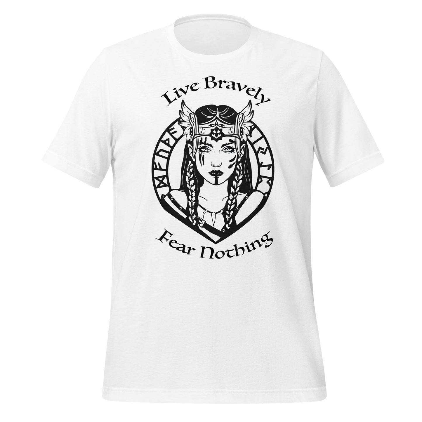 White Shieldmaiden Viking Warrior t-shirt that reads Live Bravely Fear Nothing with a Viking Warrior woman with Futhark runes created by graphic apparel shop Midnight Gypsy Designs.