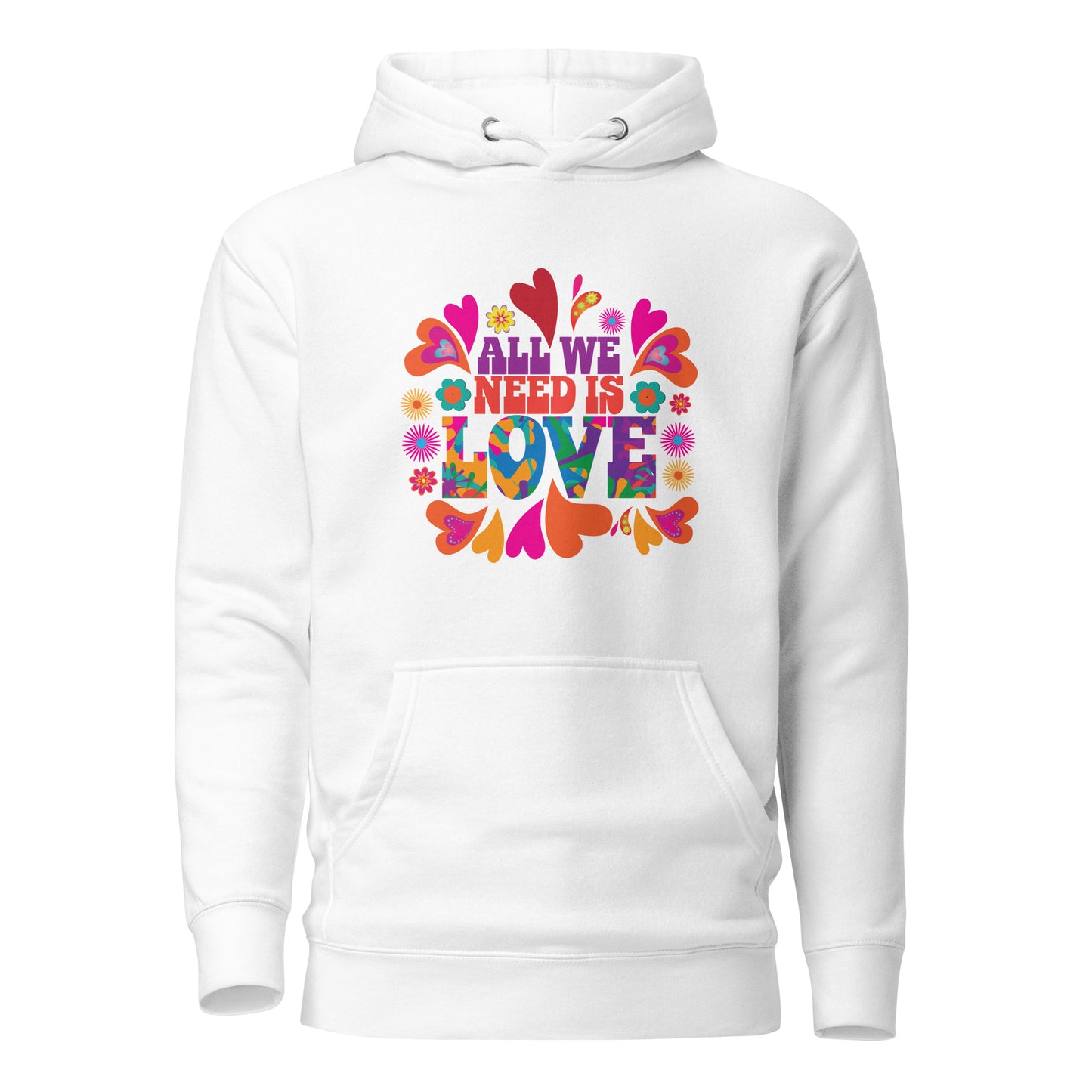 White All We Need Is Love hoodie with colorful hippie flowers and hearts created by graphic apparel shop Midnight Gypsy Designs as part of their slogan shirt collection. Perfect mental health awareness shirt, Vintage 1960s hippie hoodie, positive vibes hoodie, all we need is love shirt, cute hippie shirt, vintage 1960s shirt, mental health awareness hoodie, cute love shirt, valentine's day shirt, valentine's day hoodie, cute kindness hoodie, and cute kindness shirt.