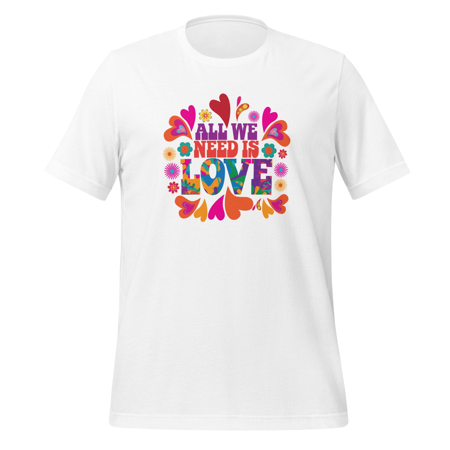 White All We Need Is Love T-shirt by graphic apparel company Midnight Gypsy Designs. Perfect All We Need is Love shirt, mental health awareness shirt, 60s love shirt, cute hippie shirt, flower child shirt, colorful peace shirt, and cute kindness shirt.