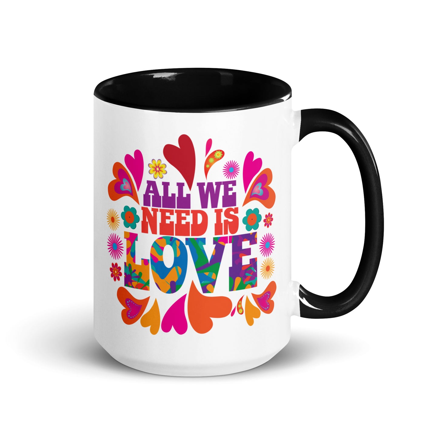 All we need is love coffee mug with black handle and colorful hearts with 1960s hippie style created by clothing apparel company Midnight Gypsy Designs. Perfect mental health awareness mug, Valentine's Day mug, peace mug, flower child mug, and cute kindness mug.