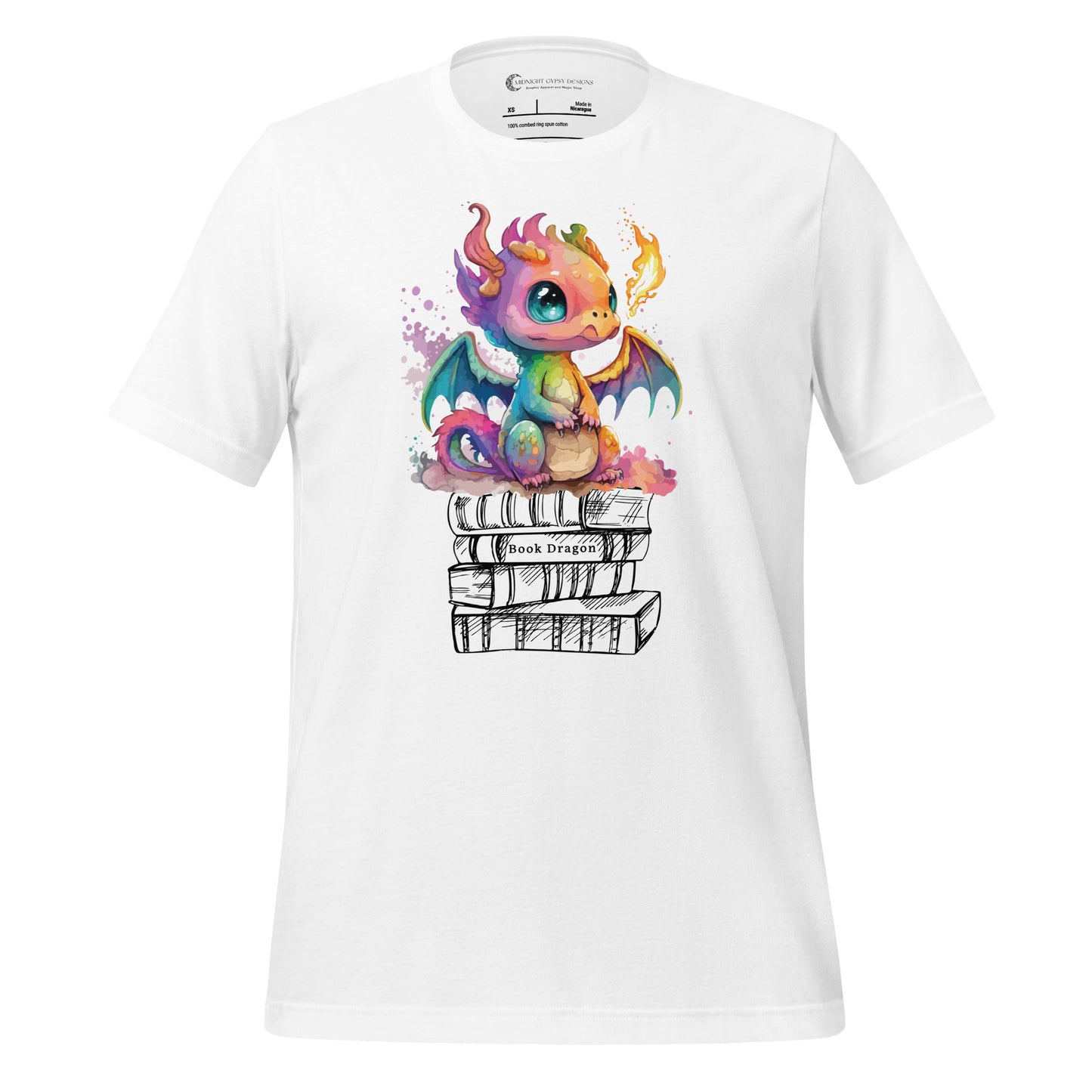 White book dragon shirt with a fire breathing rainbow dragon sitting on top of a stack of books designed by graphic apparel shop Midnight Gypsy Designs as part of their bookish merch collection. Cute dragon shirt for fantasy readers!