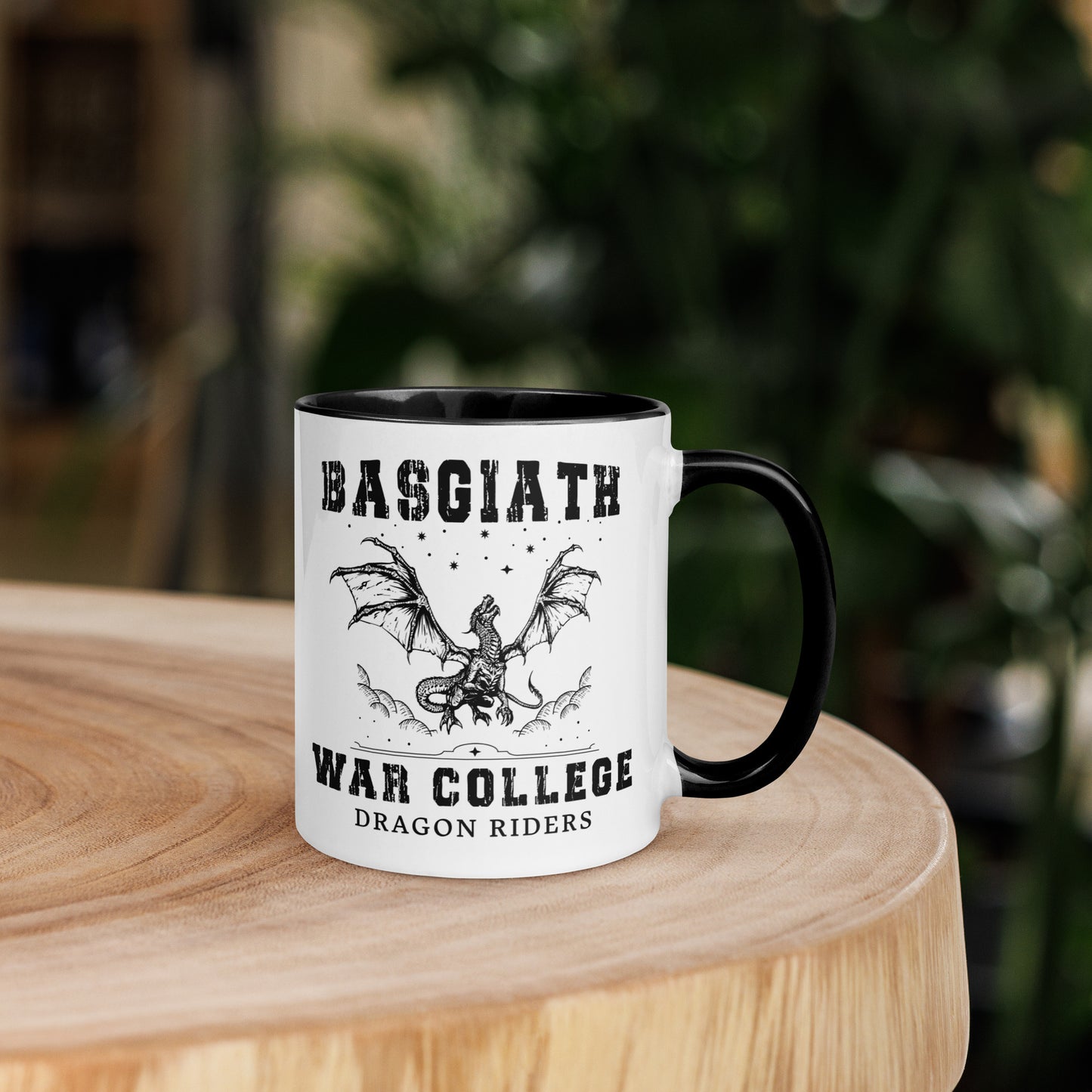 Black and white dragon rider Basgiath War College Coffee Mug created by graphic apparel company Midnight Gypsy Designs as part of their bookish merch collection for dragon riding fans of Fourth Wing, Iron Flame, and Onyx Storm books.