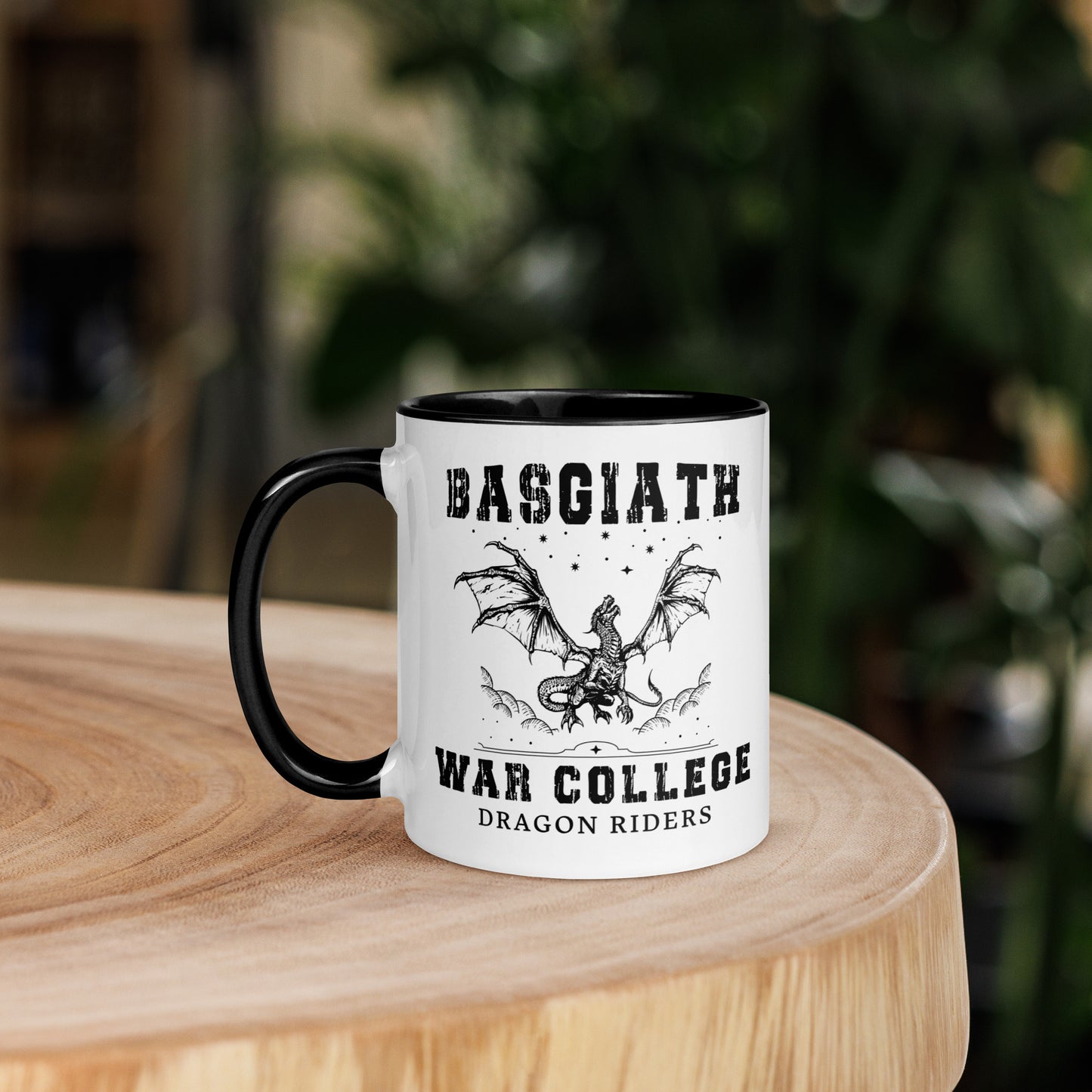 Black and white dragon rider Basgiath War College Coffee Mug created by graphic apparel company Midnight Gypsy Designs as part of their bookish merch collection for dragon riding fans of Fourth Wing, Iron Flame, and Onyx Storm books.