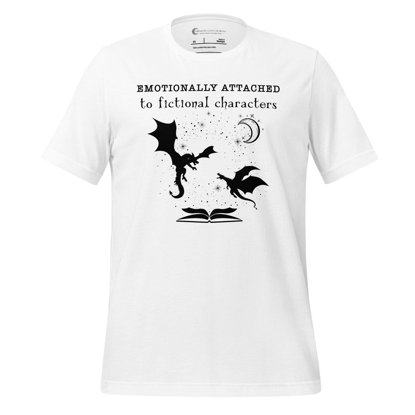 White Emotionally Attached to Fictional Characters shirt with two black dragons flying over an open book and a crescent moon created by graphic apparel company Midnight Gypsy Designs for their academia book merch collection. Perfect fantasy readers shirt, book dragon shirt, fourth wing shirt, book merch, bookish merch, and shirt for fantasy readers.