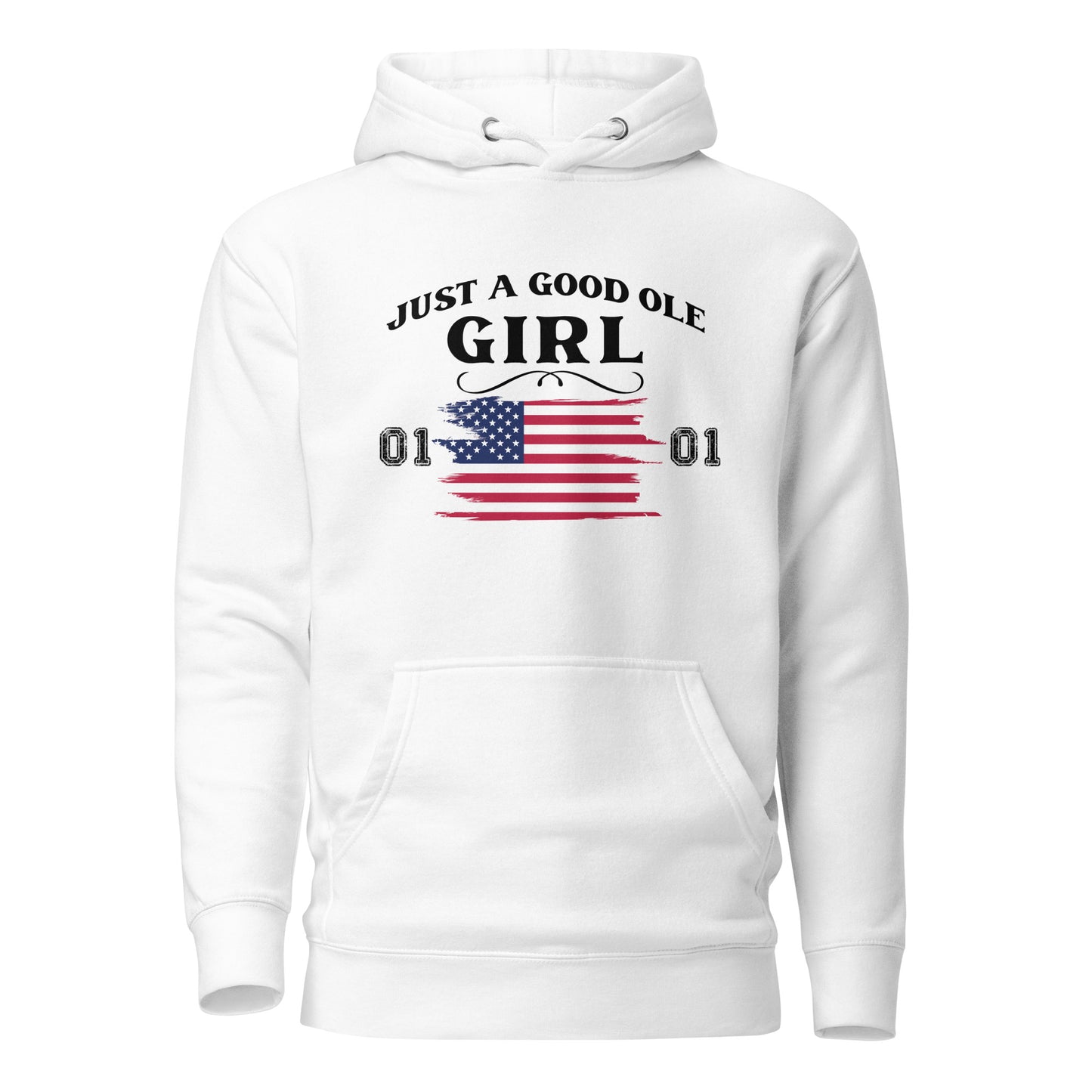 White Just A Good Ole Girl hoodie with American flag and General Lee 01 number created by graphic apparel company Midnight Gypsy Designs as part of their Patriotic Pride Apparel Collection. Perfect Dukes of Hazard hoodie, Dukes of Hazard shirt, Daisy Duke hoodie, Daisy Duke shirt, General Lee hoodie, General Lee shirt, and USA Patriotic shirt.