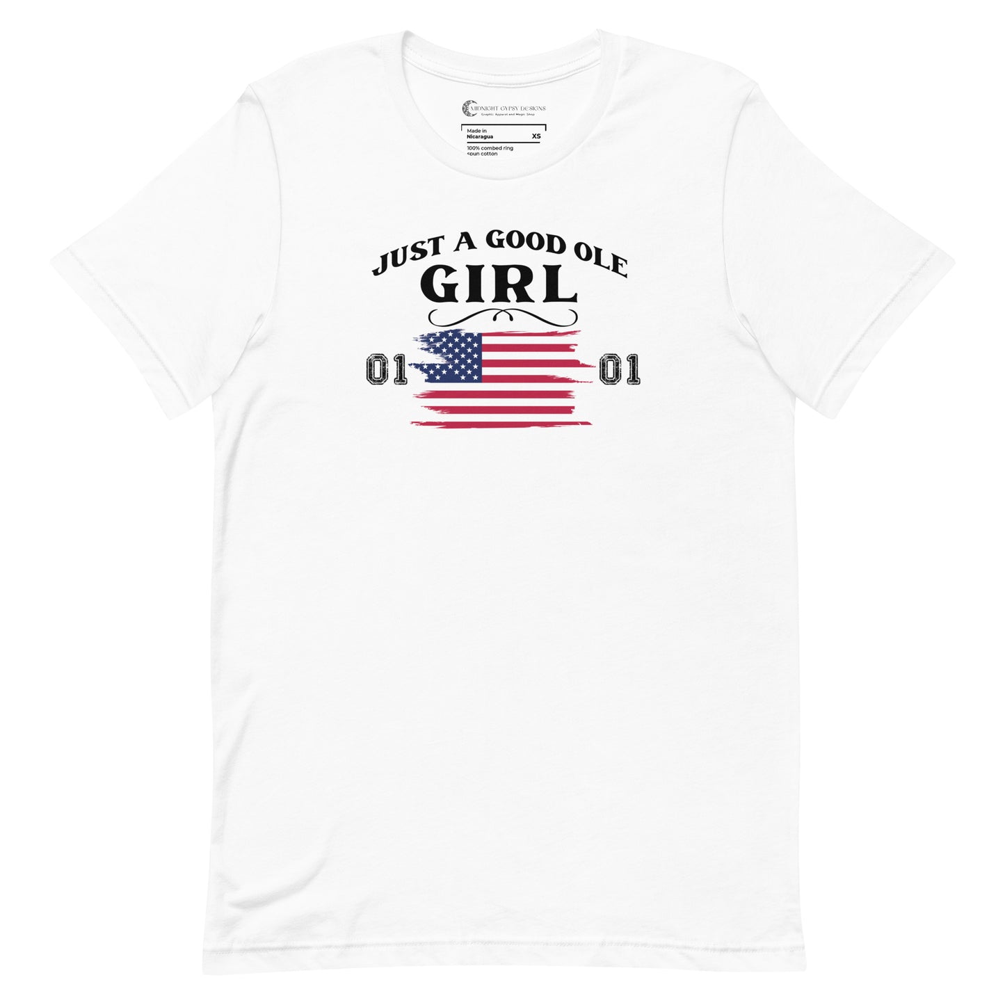 White Just A Good Ole Girl shirt with American flag and General Lee 01 number created by graphic apparel company Midnight Gypsy Designs as part of their Patriotic Pride Apparel Collection. Perfect Dukes of Hazard shirt, Dukes of Hazard t-shirt, Daisy Duke shirt, Daisy Duke t-shirt, General Lee shirt, General Lee t-shirt, and USA Patriotic shirt.