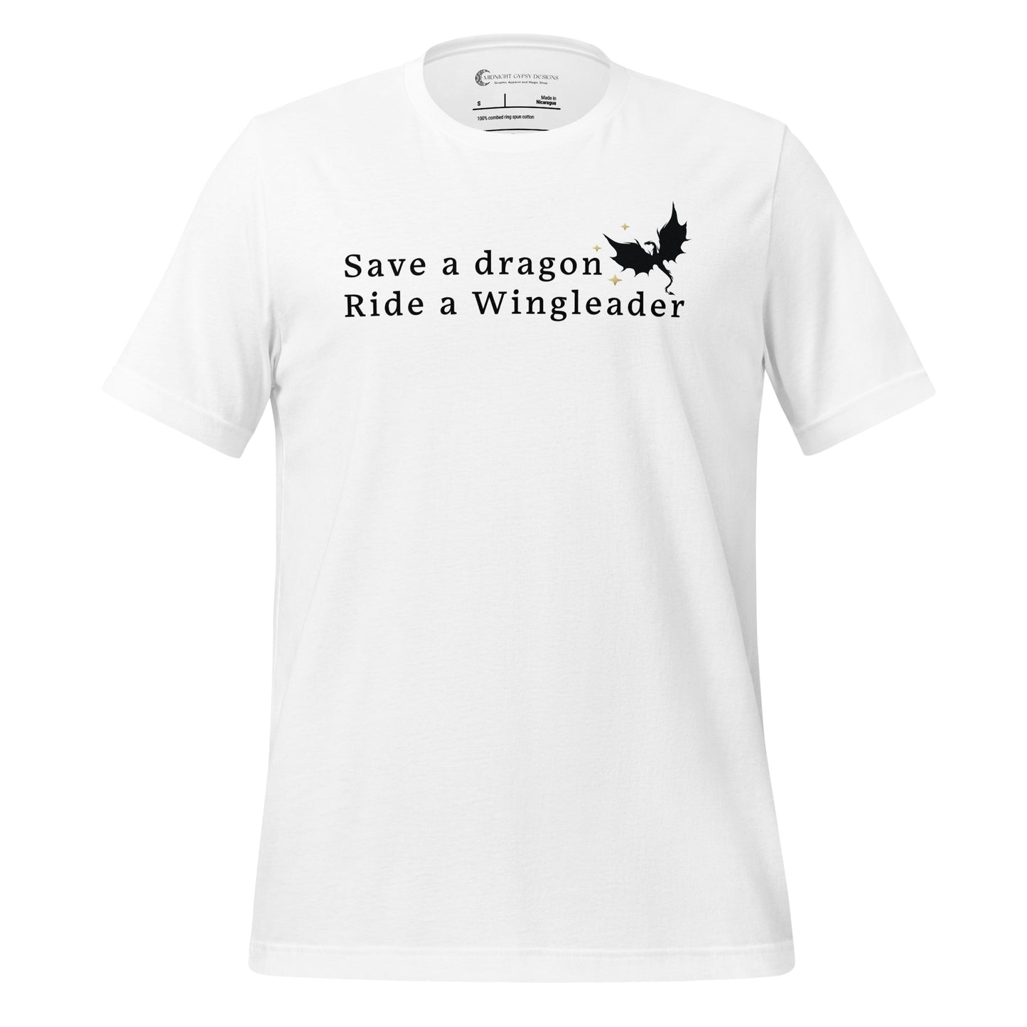 White Fourth Wing shirt that says Save a Dragon Ride a Wingleader with a dragon and stars created by graphic apparel company Midnight Gypsy Designs as part of its bookish merch collection for fantasy book readers and fans of the novel books Fourth Wing, Iron Flame, and Onyx Storm.