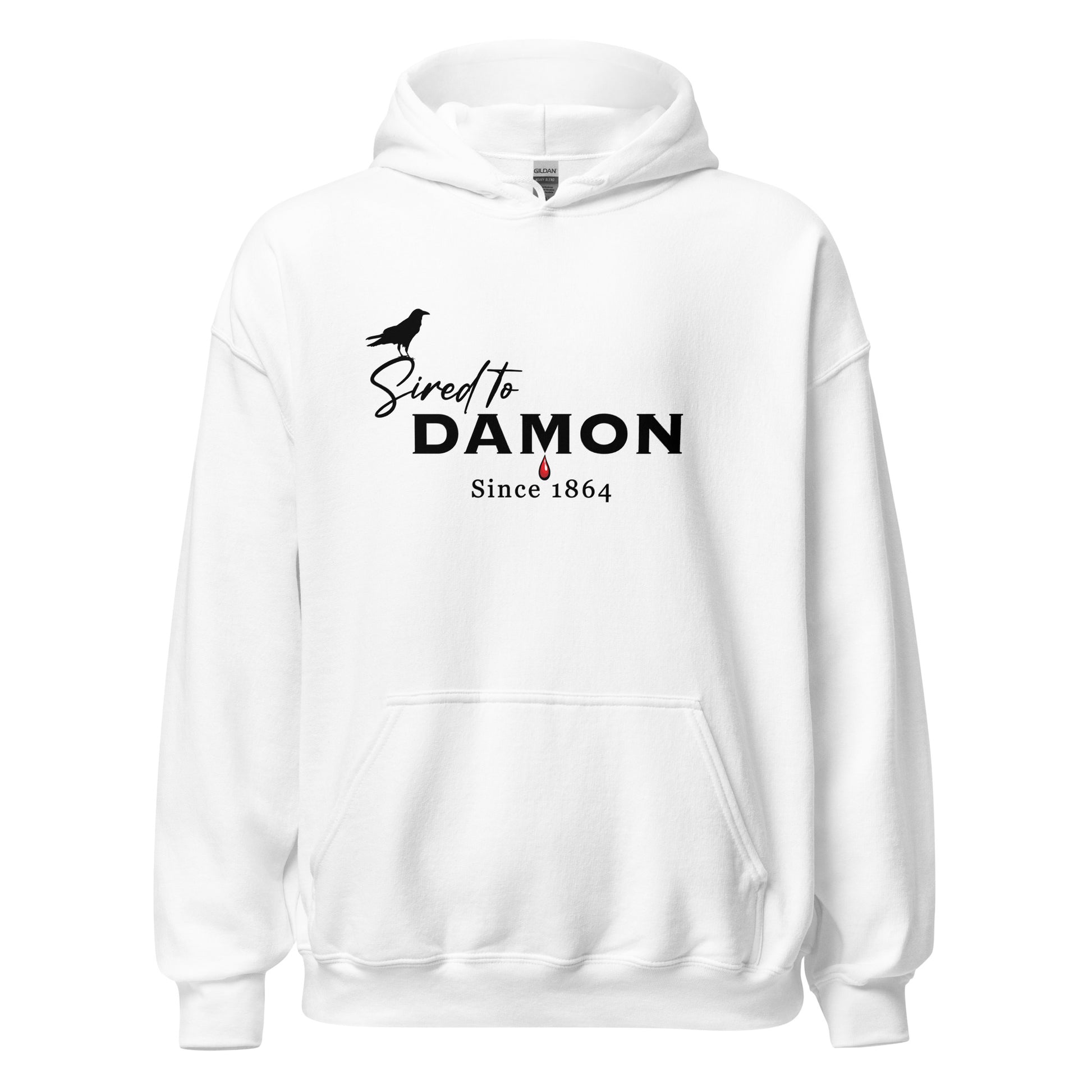 White The Vampire Diaries Sired to Damon Since 1864 hoodie with a crow and blood drip created by graphic apparel company Midnight Gypsy Designs as part of their The Vampire Diaries apparel line. Perfect Mystic Falls hoodie, The Vampire Diaries hoodie, Team Damon Salvatore hoodie, Vampire Diaries shirt, Team Damon Salvatore shirt, Mystic Falls shirt, and Sired to Damon shirt.