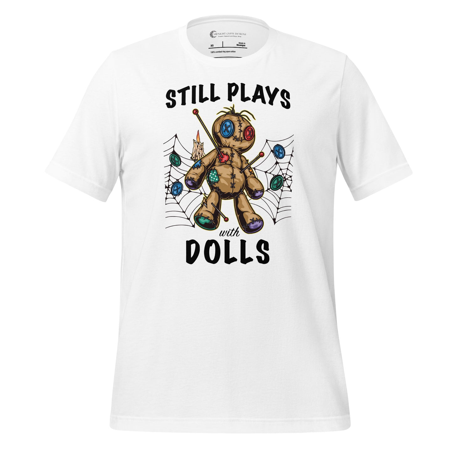 white Still Plays With Dolls VooDoo shirt created by clothing apparel company Midnight Gypsy Designs.