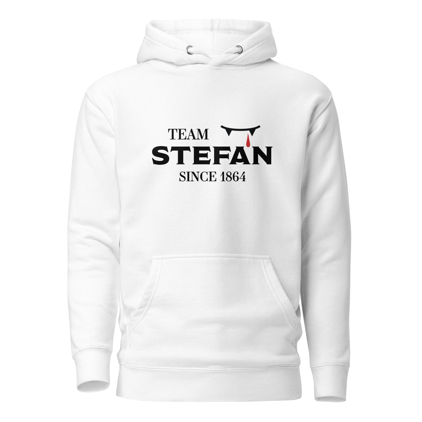 White The Vampire Diaries Team Stefan Since 1864 hoodie with fangs and blood drip created by graphic apparel company Midnight Gypsy Designs. Perfect Team Stefan shirt, Stefan Salvatore shirt, the Vampire Diaries shirt, Stefan Salvatore hoodie, cute vampire shirt, team Stefan apparel, Salvatore Brothers shirt, The Vampire Diaries hoodie, team Stefan shirt, Mystic Falls shirt, and Mystic Falls hoodie for fans of The Vampire Diaries!