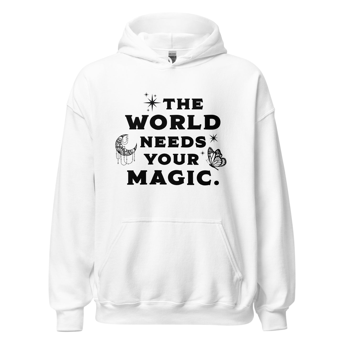White The World Needs Your Magic hoodie with the moon and stars and butterfly created by graphic apparel company Midnight Gypsy Designs for their kindness apparel collection. Perfect mental health awareness shirt and cute kindness shirt.