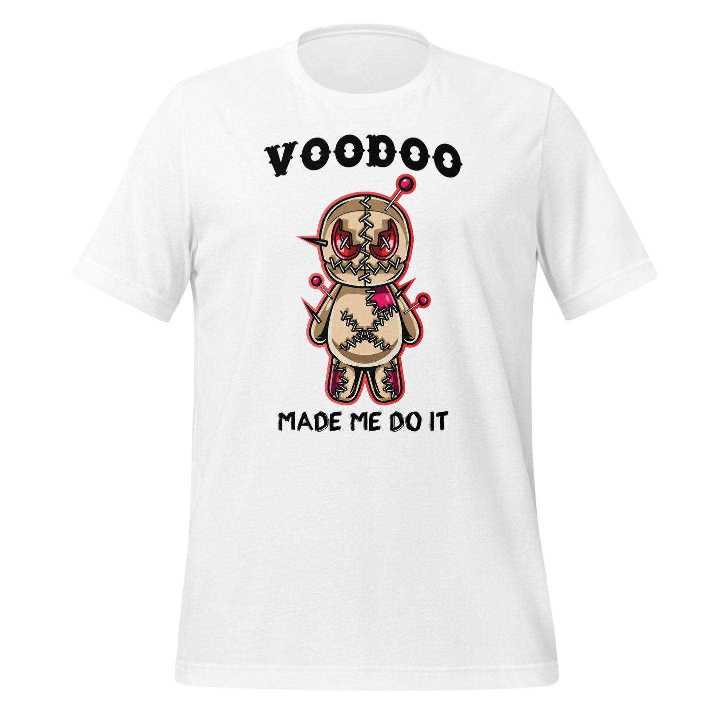 White VooDoo Made Me Do It New Orleans shirt with voodoo doll designed by graphic apparel company Midnight Gypsy Designs.