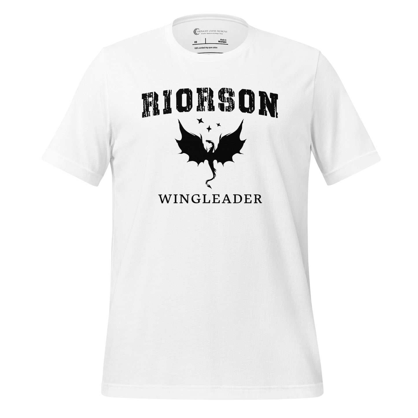 White Fourth Wing shirt that says Riorson Wingleader with a dragon and stars created by graphic apparel company Midnight Gypsy Designs as part of its bookish merch collection for fantasy book readers. Perfect dragon riders shirt, Xaden Riorson shirt, Iron Flame shirt and Onyx Storm shirt.