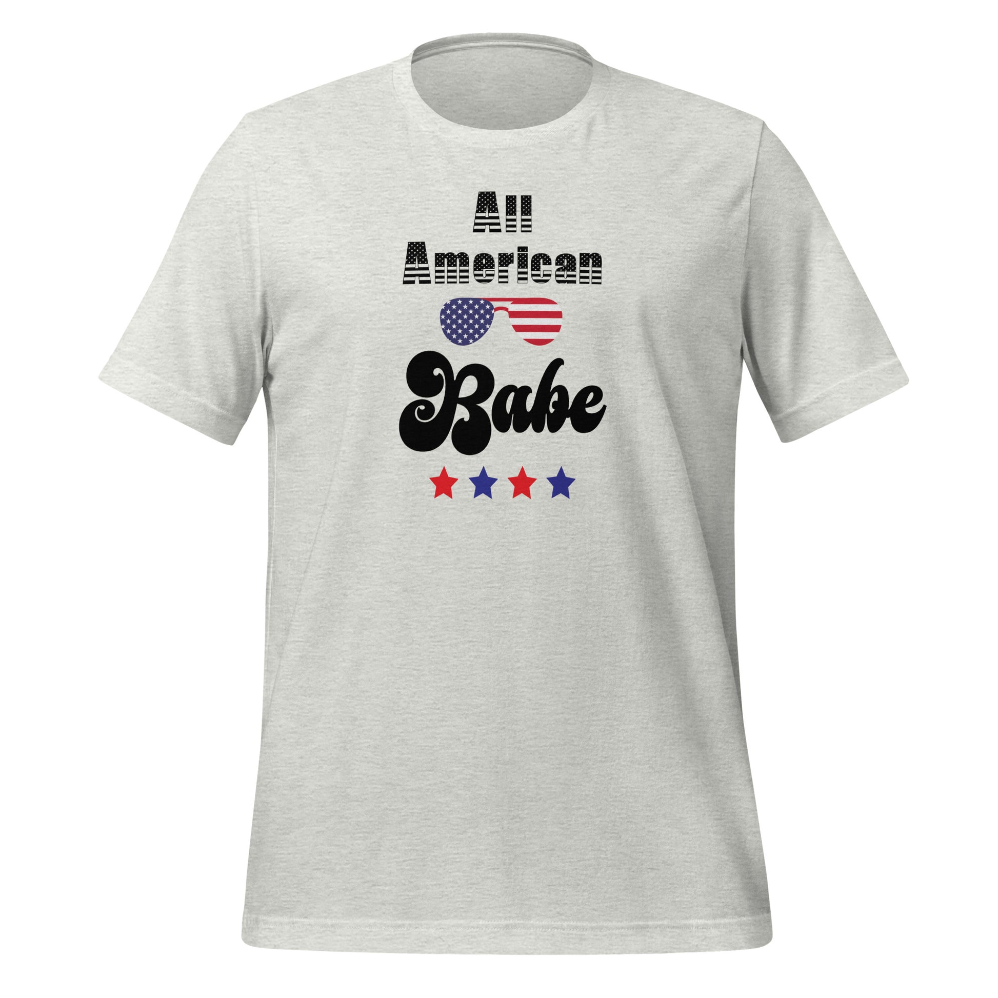 Ash All American Babe t-shirt with red and blue stars and patriotic sunglasses created by patriotic apparel clothing shop Midnight Gypsy Designs.