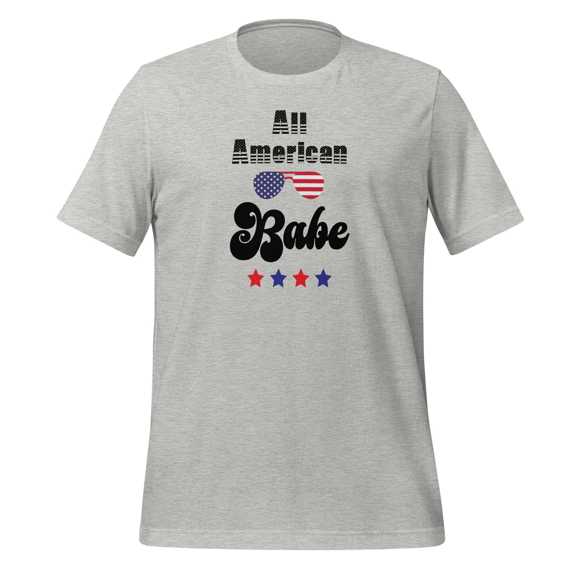 Grey All American Babe t-shirt with red and blue stars and patriotic sunglasses created by patriotic apparel clothing shop Midnight Gypsy Designs.