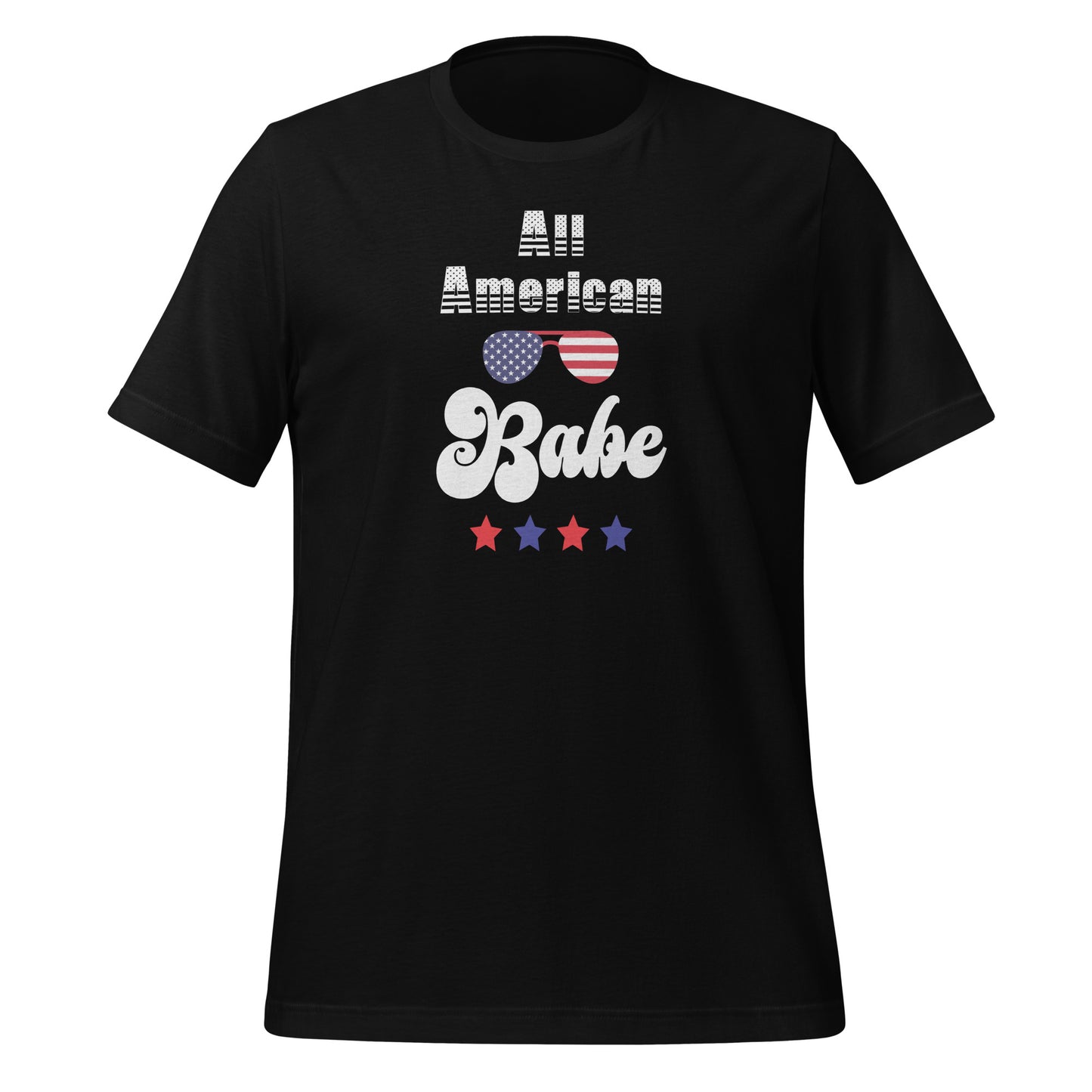 Black All American Babe t-shirt with red and blue stars and patriotic sunglasses created by patriotic apparel clothing shop Midnight Gypsy Designs.