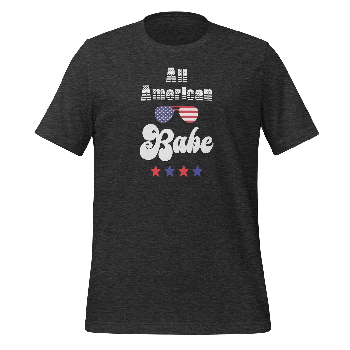 Dark grey All American Babe t-shirt with red and blue stars and patriotic sunglasses created by patriotic apparel clothing shop Midnight Gypsy Designs.