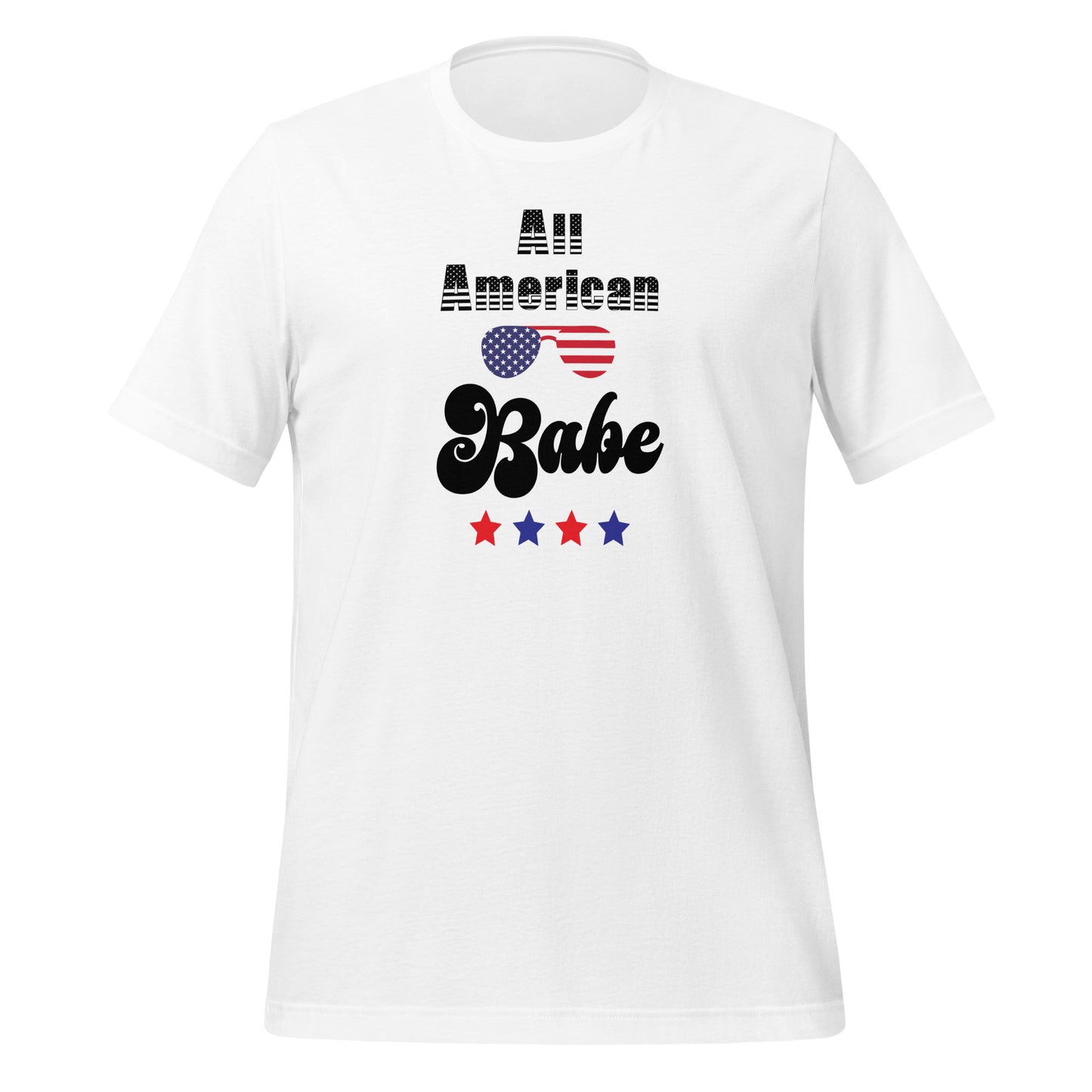 White All American Babe t-shirt with red and blue stars and patriotic sunglasses created by patriotic apparel clothing shop Midnight Gypsy Designs.