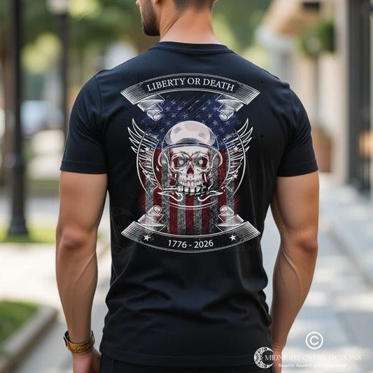 Man wearing a black America Anniversary Patriotic shirt that says Liberty or death with the dates 1776 - 2026 and a military skull crushing a grenade with the American flag. Created by graphic apparel company Midnight Gypsy Designs as part of their Patriotic Apparel clothing line. Perfect USA patriotic shirt for the fourth of July or America's 250th Anniversary celebration.