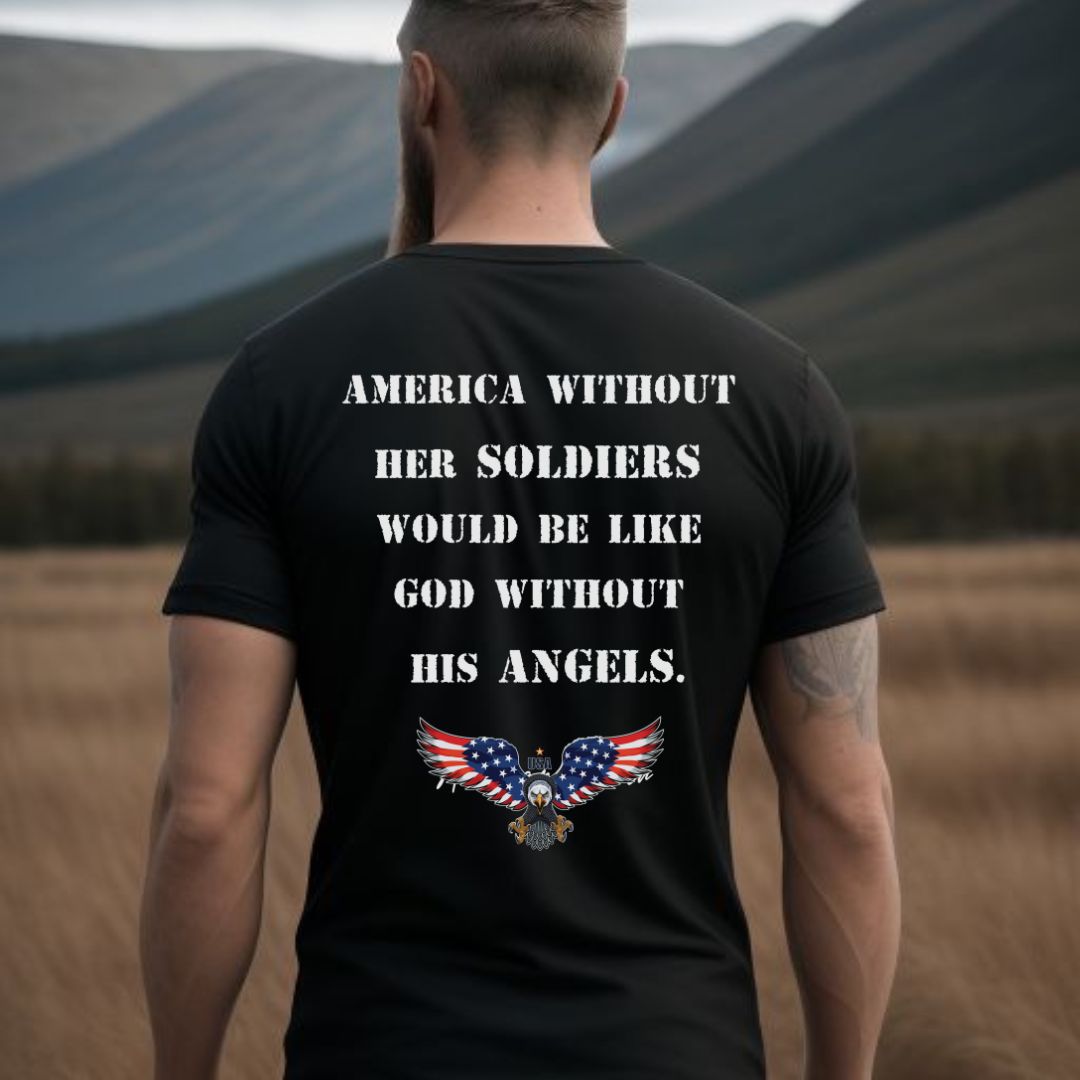 Man with beard and short hair wearing a black USA patriotic t-shirt that reads America without her soldiers would be like God without His angles with a bald eagle with American flag wings to solute American Veterans created by apparel shop MIdnight Gypsy Designs.