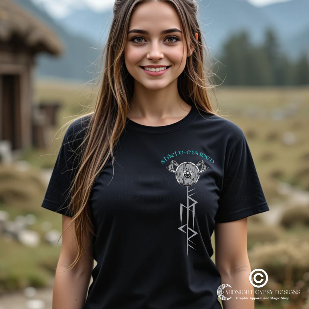 Young woman wearing a black Fenrir Wolf Shirt for women with Shield-Maiden written on front above viking axes and shield and a Freya Goddess of Love rune symbol while standing outside in Norway created by graphic apparel company Midnight Gypsy Designs as part of their Norse Viking t-shirt clothing line. Perfect Vahalla shirt for women, Norse Viking Warrior tshirt, pagan shirt for women, Freya Goddess of Love tee, Shield-Maiden warrior shirt, and Viking Shield-Maiden shirt.