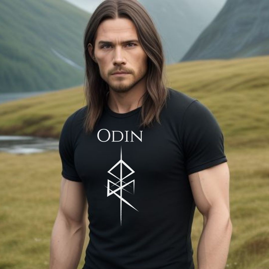 Young man with long brown hair, beard and mustache standing outside in Norway wearing a black t-shirt that reads Odin with the Odin God of War Futhark rune symbol created by Norse Viking apparel shop Midnight Gypsy Designs. 