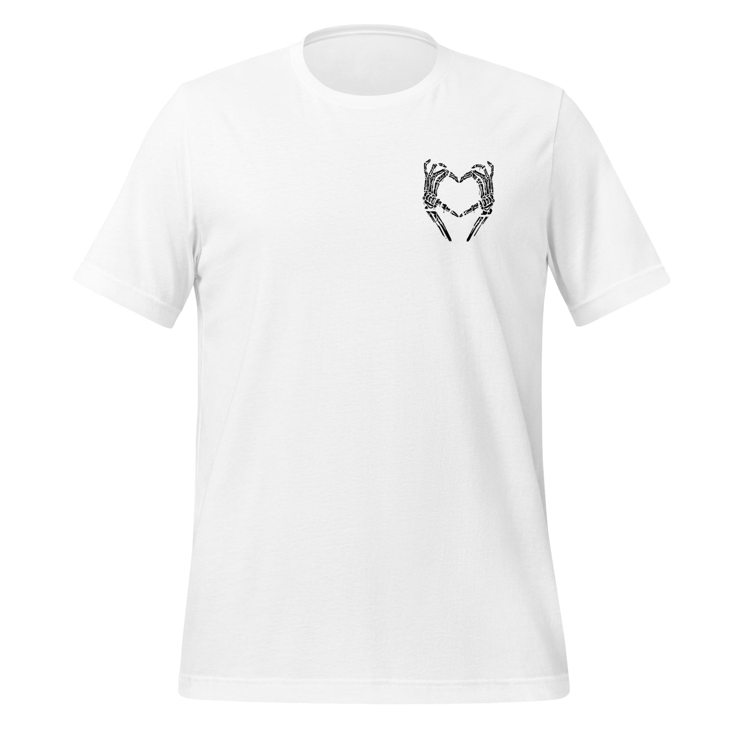 White slogan shirt that says I am who I am your approval is not needed with skeleton hands in shape of heart created by apparel company Midnight Gypsy Designs.