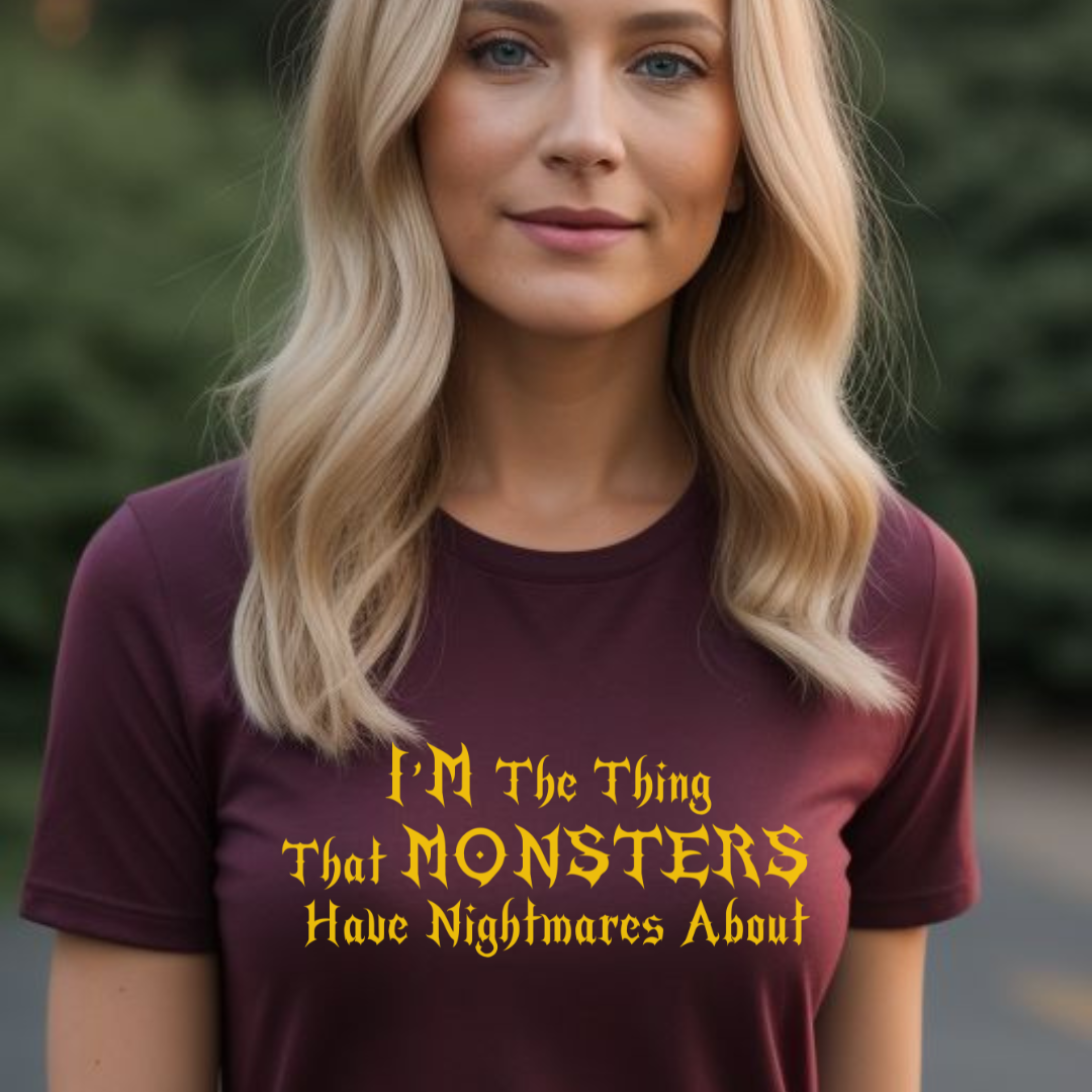 Young woman with long blonde hair and blue eyes smiling while standing outside wearing a maroon t-shirt that says I'm the thing that monsters have nightmares about inspired by  Buffy the Vampire Slayer and created by apparel shop Midnight Gypsy Designs.