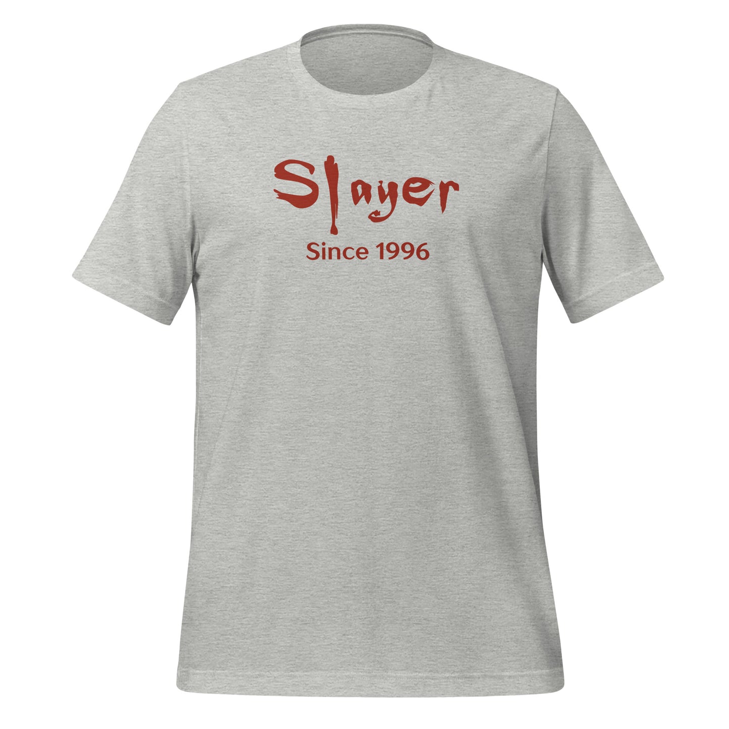 Athletic heather Slayer Since 1996 Buffy the Vampire Slayer t-shirt created by clothing apparel shop Midnight Gypsy Designs.