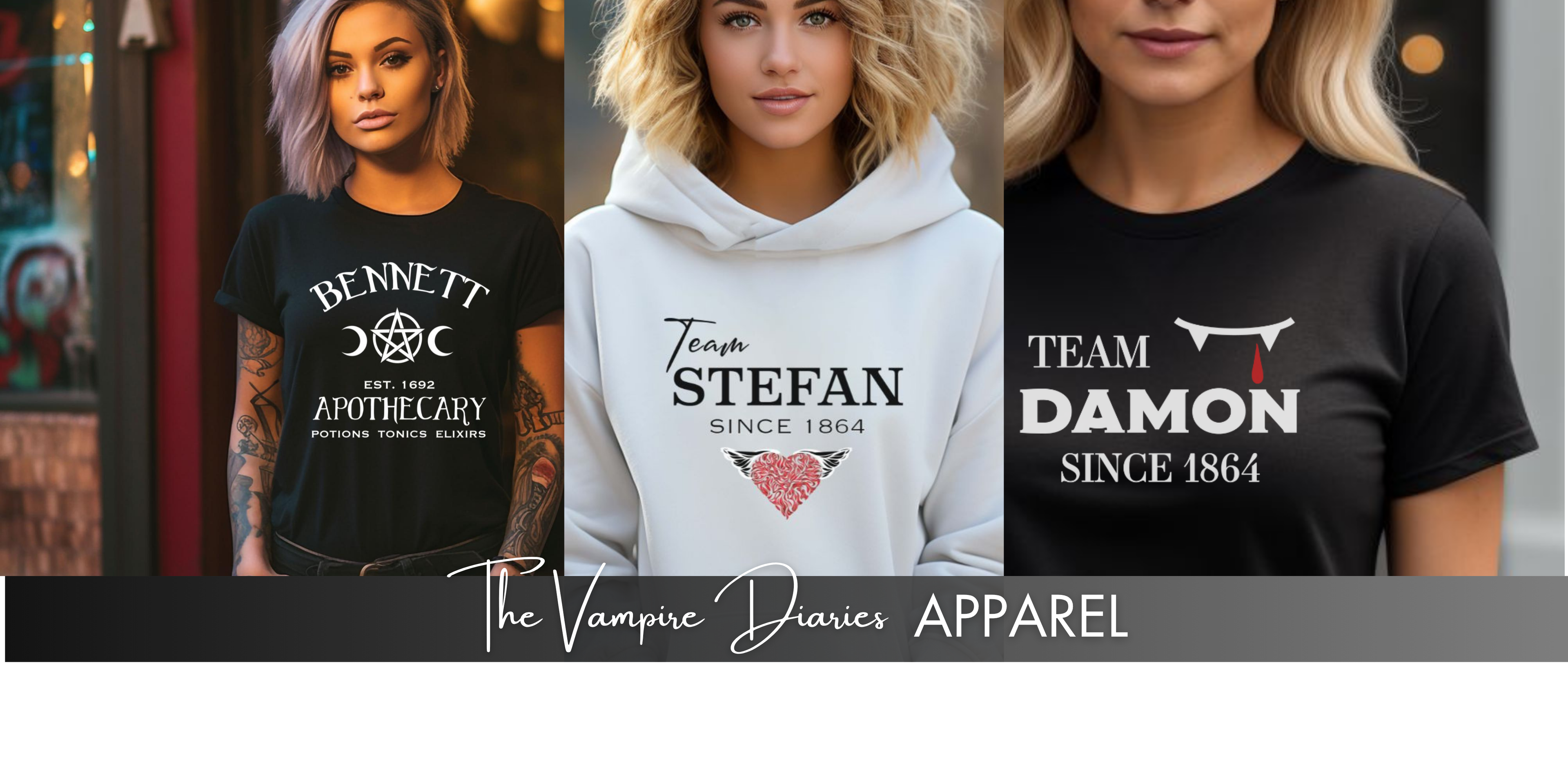 Three women wearing The Vampire Diaries apparel feature Team Stefan and Team Damon shirts created by graphic apparel company The Midnight Gypsy Designs.