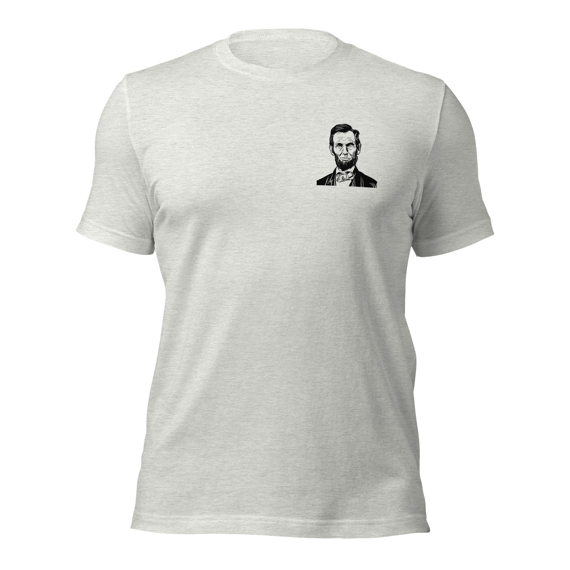 Ash grey Abraham Lincoln patriotic shirt that says those who deny freedom to others deserve it not for themselves created by graphic apparel shop Midnight Gypsy Designs as part of their patriotic apparel clothing line. Perfect USA patriotic tee, USA patriotic t-shirt, USA veterans shirt, We the People Shirt, USA Military Shirt, US Constitution Shirt, fourth of July shirt, patriotic pride shirt, USA veterans shirt, and Abraham Lincoln shirt.