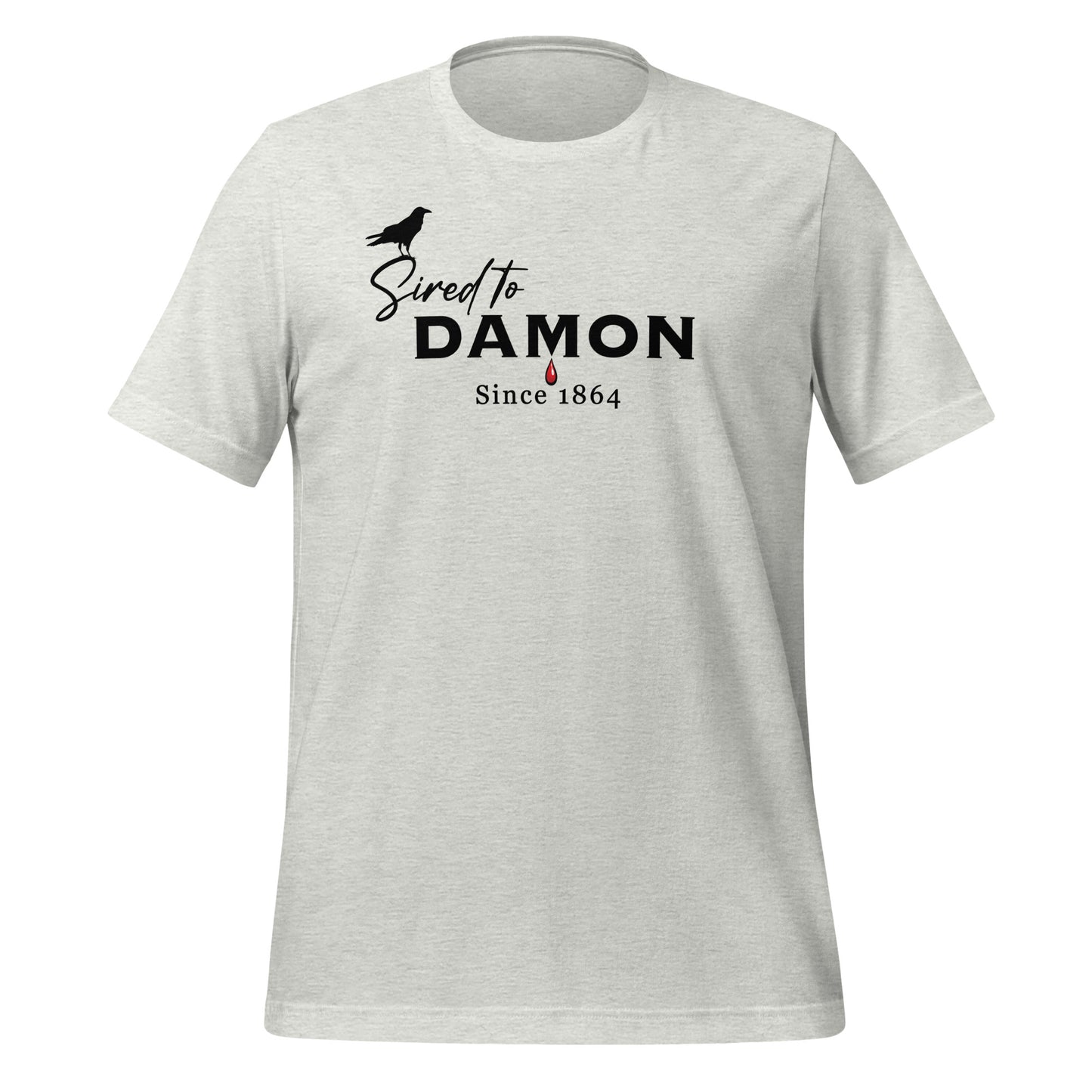 Ash The Vampire Diaries Sired to Damon Since 1864 t-shirt with a crow and blood drip created by fandom graphic apparel company Midnight Gypsy Designs as part of their The Vampire Diaries clothing line. Perfect Damon Salvatore shirt and Team Damon shirt.