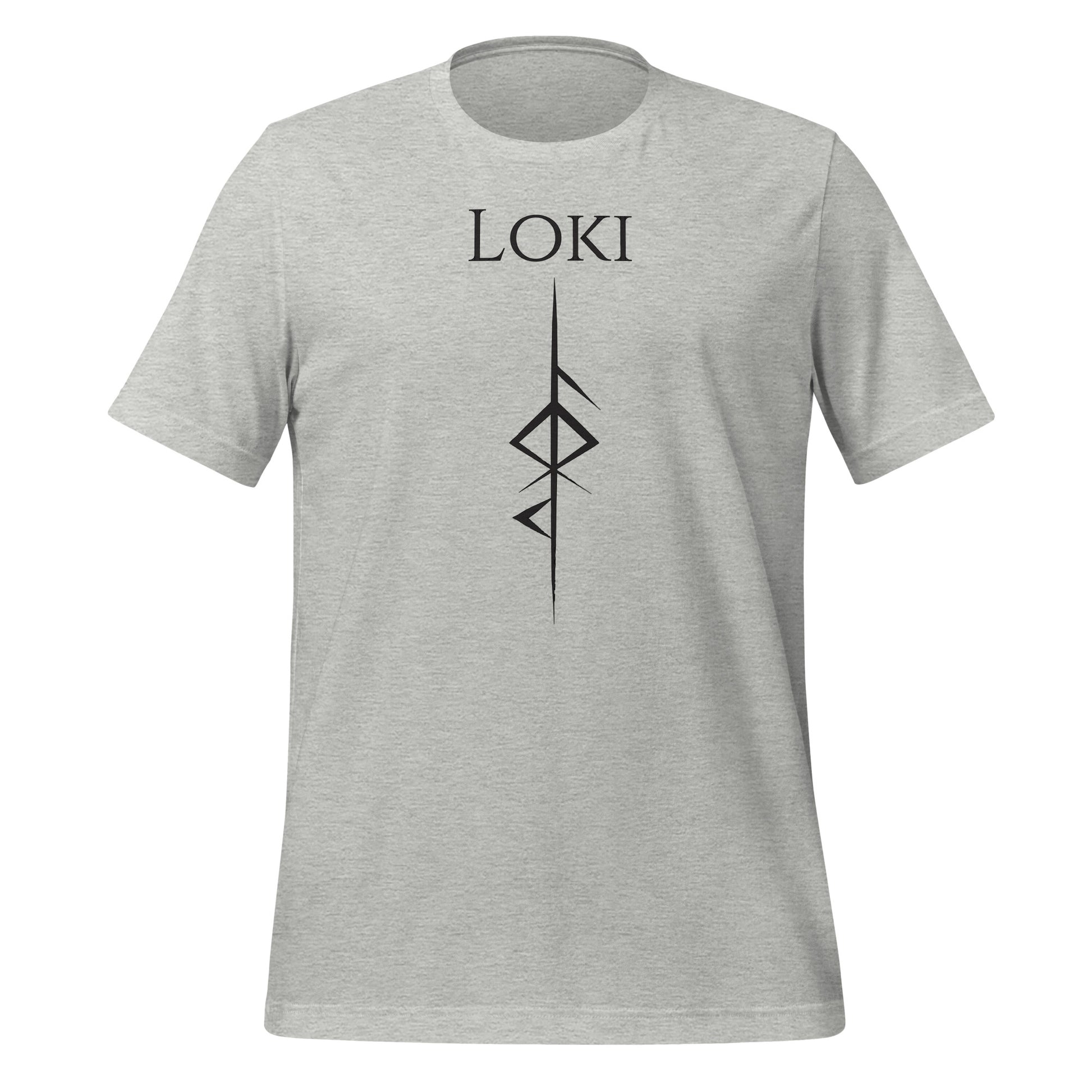 black Loki rune shirt with the Loki Futhark rune symbol created by Norse Viking apparel shop Midnight Gypsy Designs. Perfect viking rune shirt, viking warrior shirt, Loki God of Mischief shirt, or grey Loki shirt!