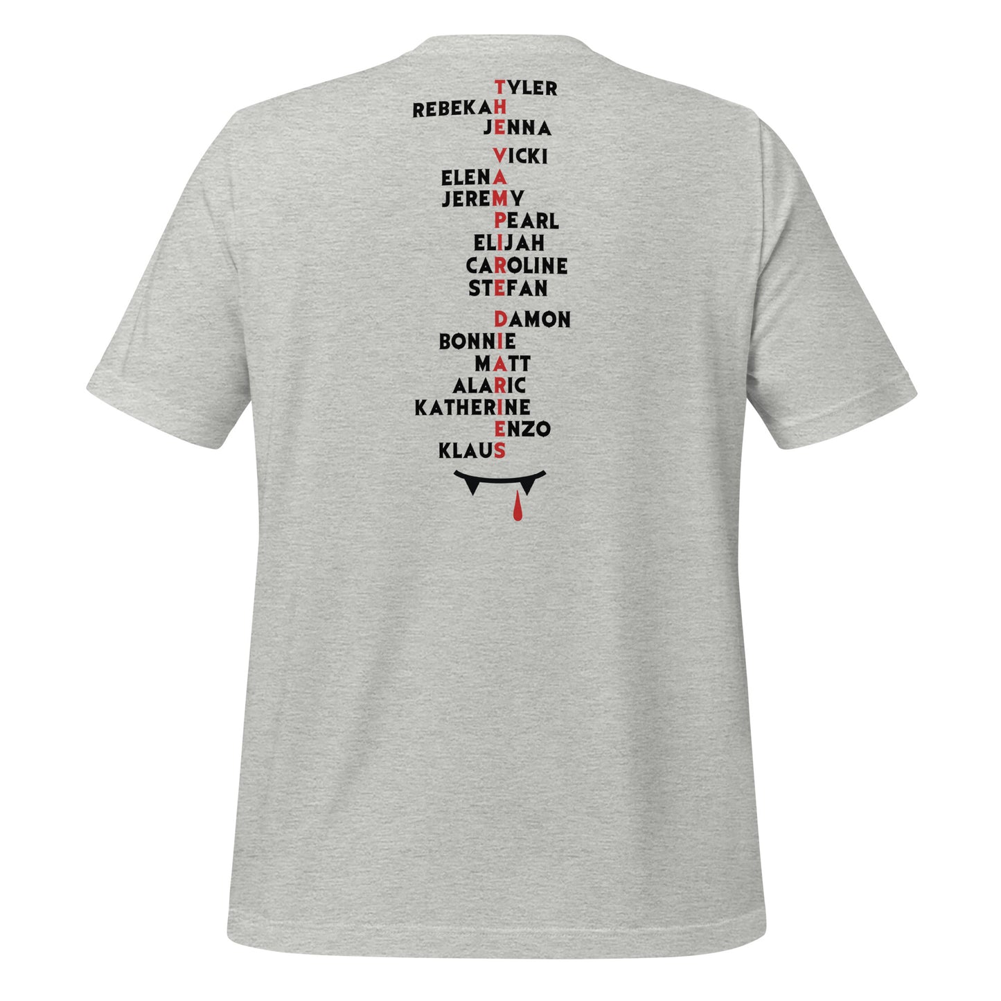 Grey Mystic Falls Virginia shirt with character names on the back for the Vampire Diaries apparel line by fandom graphic shirt company Midnight Gypsy Designs.