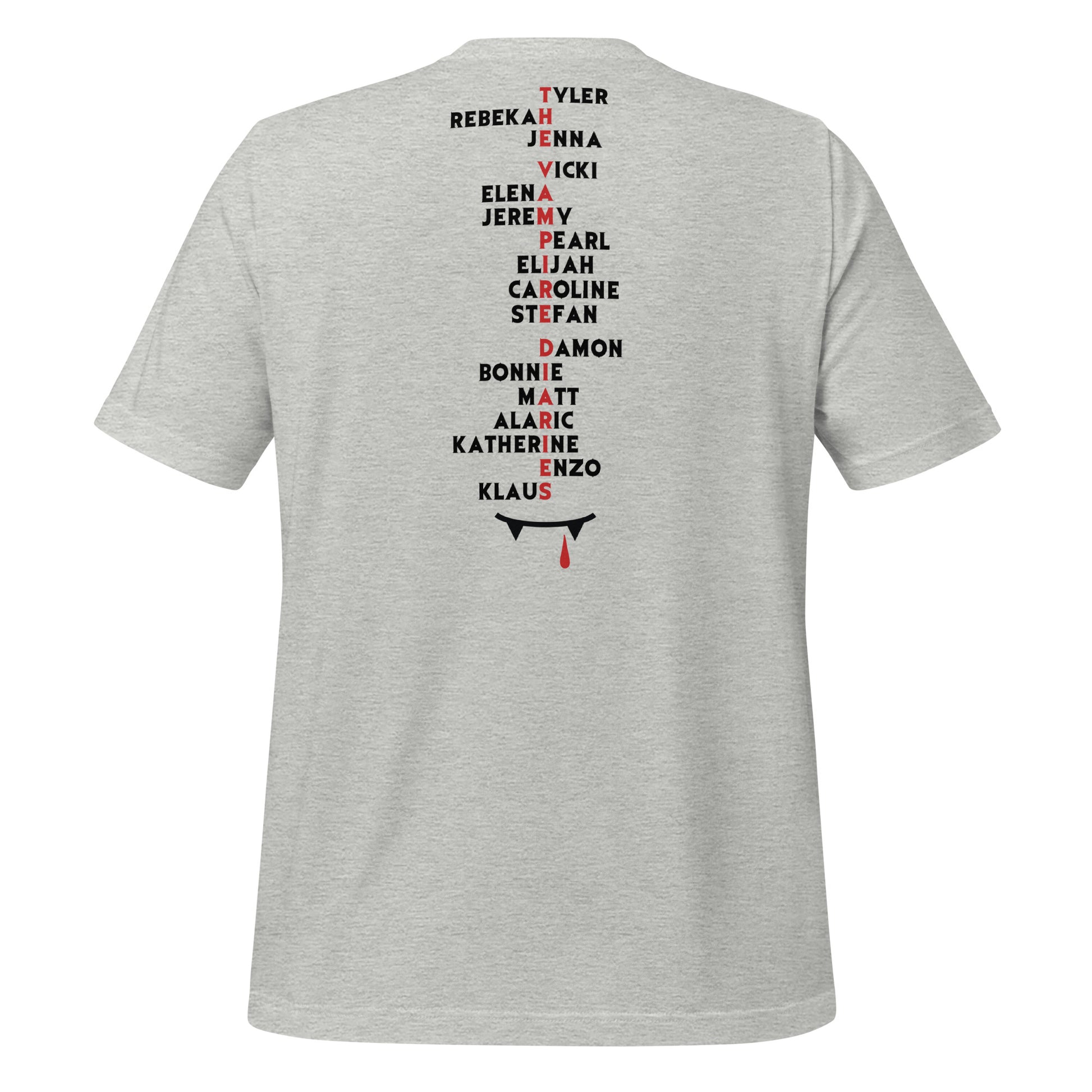 Grey Mystic Falls Virginia shirt with character names on the back for the Vampire Diaries apparel line by fandom graphic shirt company Midnight Gypsy Designs.