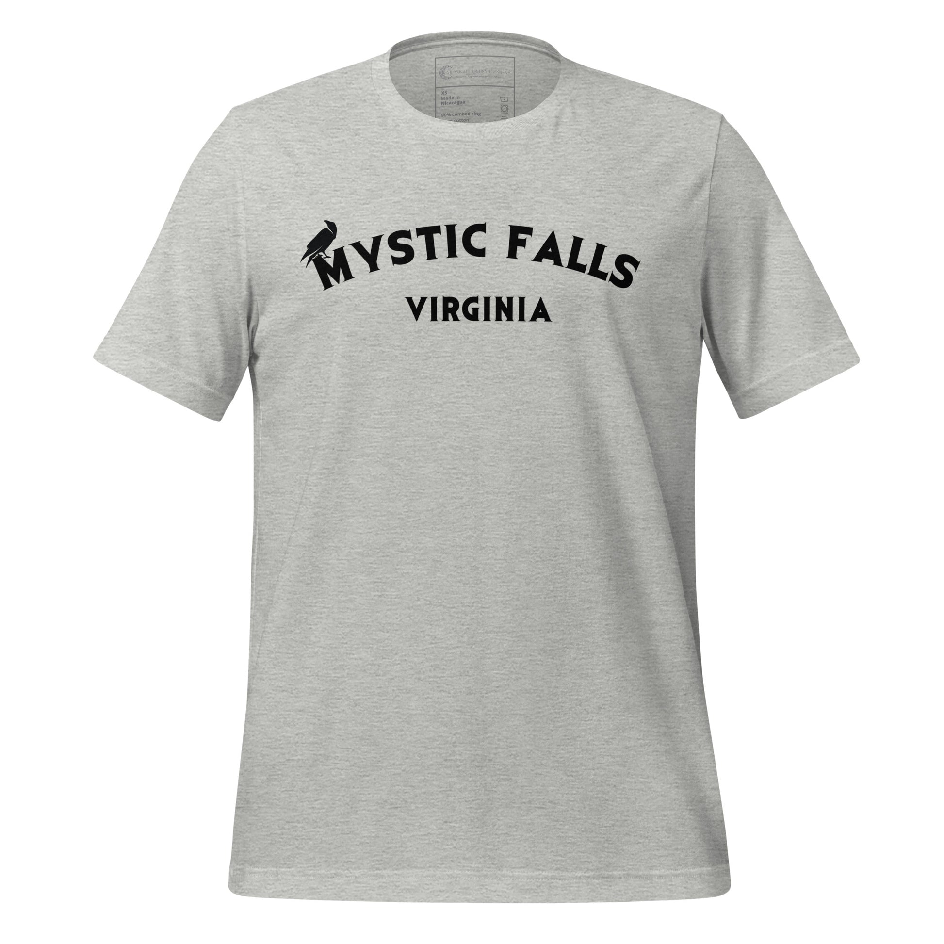 Athletic grey Mystic Falls Virginia shirt with crow on front for the Vampire Diaries apparel line by fandom graphic shirt company Midnight Gypsy Designs.