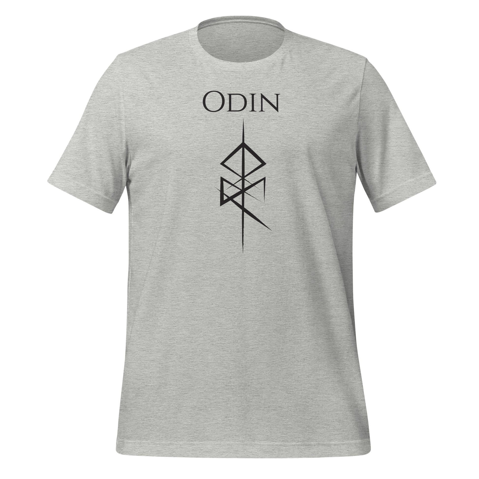Grey athletic heather Odin God of War shirt with Futhark rune symbol for Odin created by Norse Viking apparel shop Midnight Gypsy Designs. Perfect Viking warrior shirt, Norse Viking shirt, Futhark rune shirt, viking warrior t-shirt, grey Odin shirt, grey God of War t-shirt, Viking rune shirt, Pagan viking shirt.